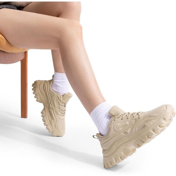 Women Tan Chunky Fashion Sneakers Bold Lace-Up Comfortable Sneakers - Picture 7 of 8